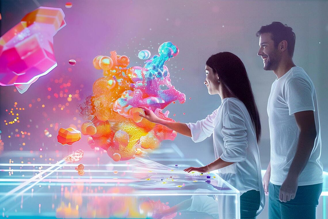 Frau und Mann vor einem bunten digitalen Wolkengebilde